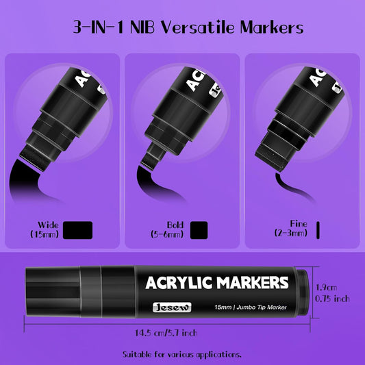 Acrylic Paint Markers, 12 Colors Jumbo Markers, 15mm Jumbo Felt Tip, Waterproof and Permanent Ink Paint Pens for Rock Painting, Stone, Ceramic, Glass, Wood, Canvas, Poster, Signs