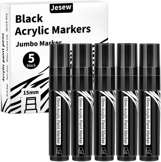 5 Pcs Jumbo Black Permanent Marker 15mm Wide Tip Thick Markers Poster Marker Large Acrylic Paint Markers for Rock Painting, Calligraphy, Tagging, Sign, Canvas, Glass, Wood, Ceramic