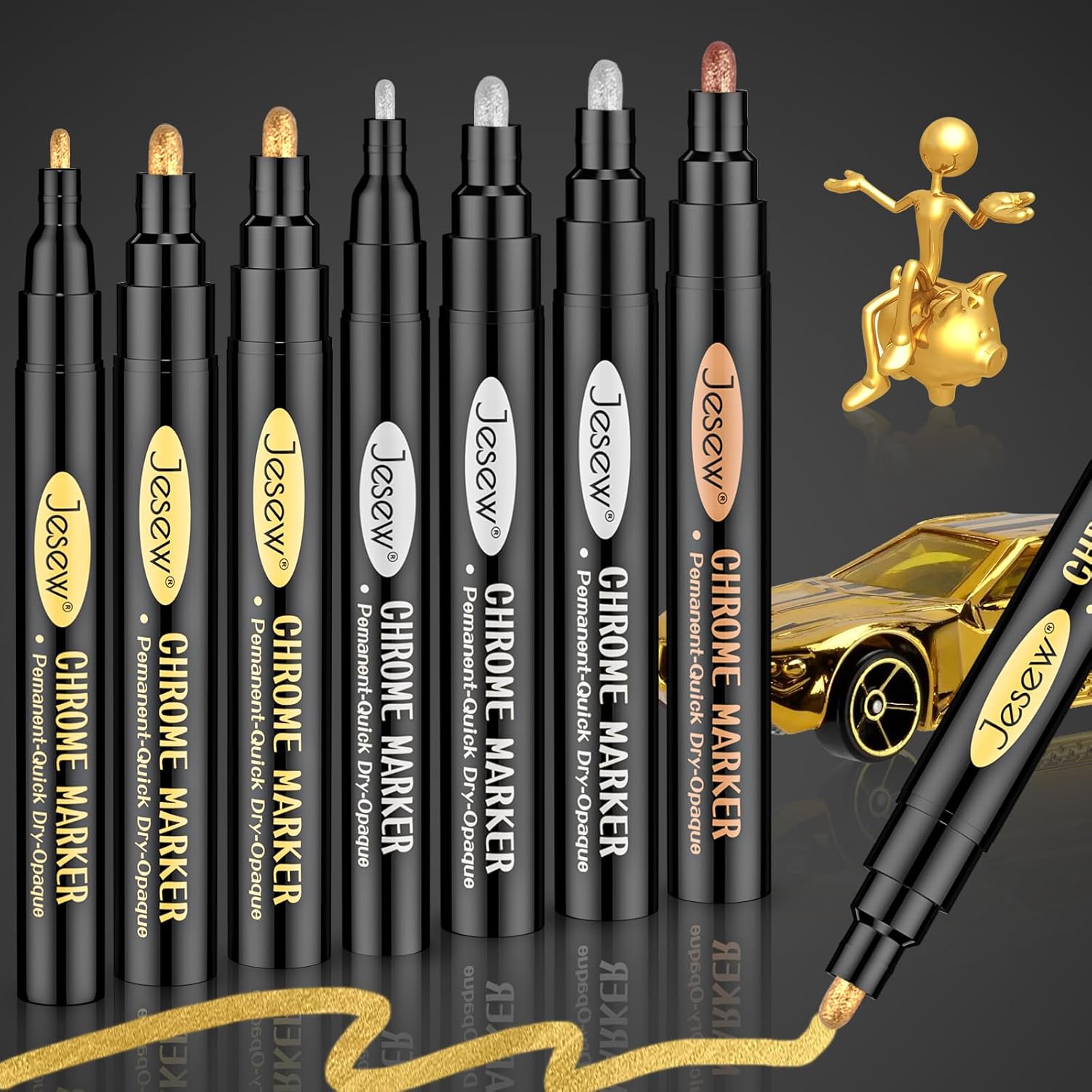 Metallic Paint Markers, 7PCS Chrome Reflective Paint Pens for Model Car, Metal, Glass, Wood, Ceramic, Plastic, DIY Art Projects, 1-3mm Nib