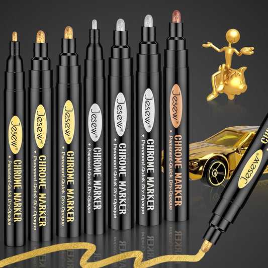Metallic Paint Markers, 7PCS Chrome Reflective Paint Pens for Model Car, Metal, Glass, Wood, Ceramic, Plastic, DIY Art Projects, 1-3mm Nib