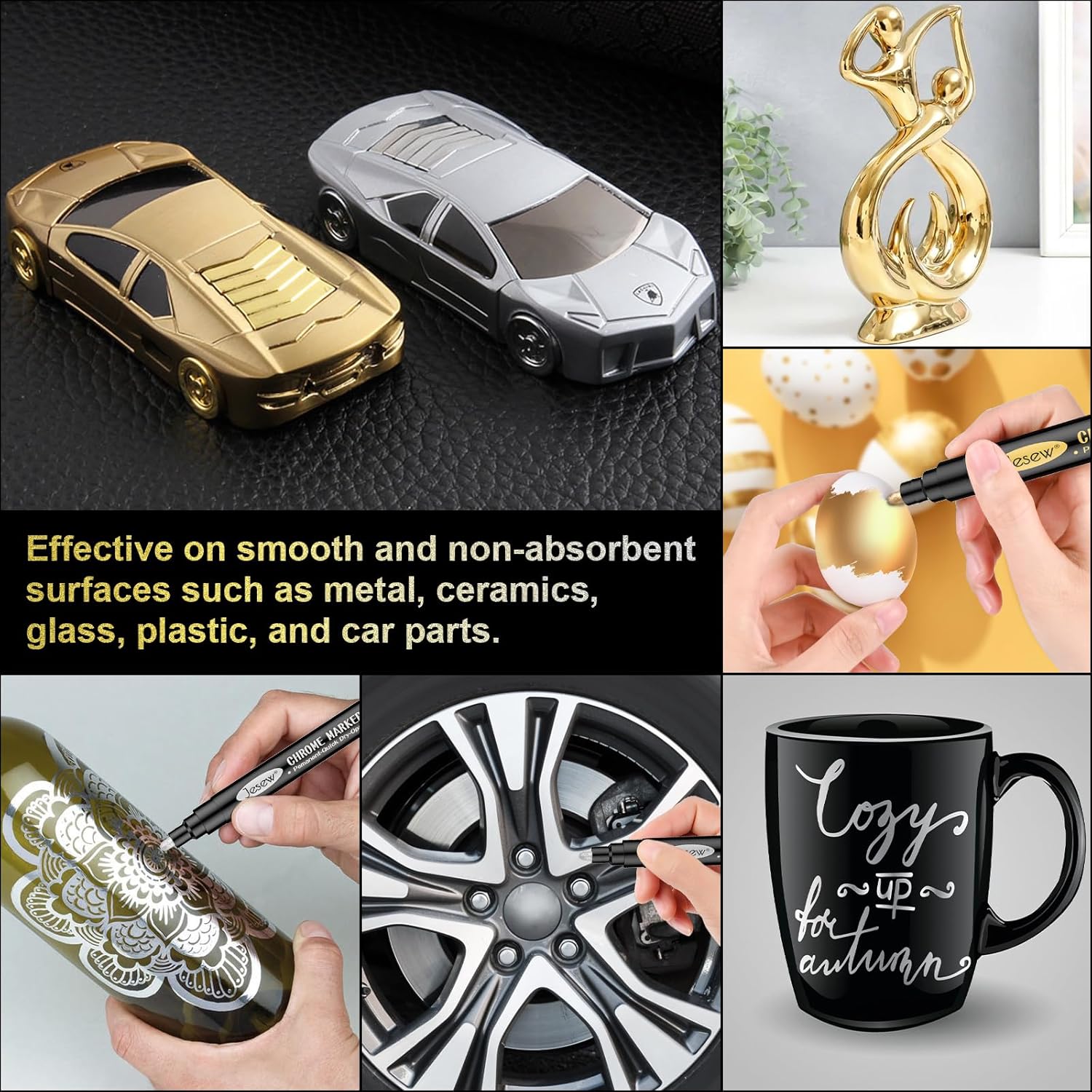 Metallic Paint Markers, 7PCS Chrome Reflective Paint Pens for Model Car, Metal, Glass, Wood, Ceramic, Plastic, DIY Art Projects, 1-3mm Nib